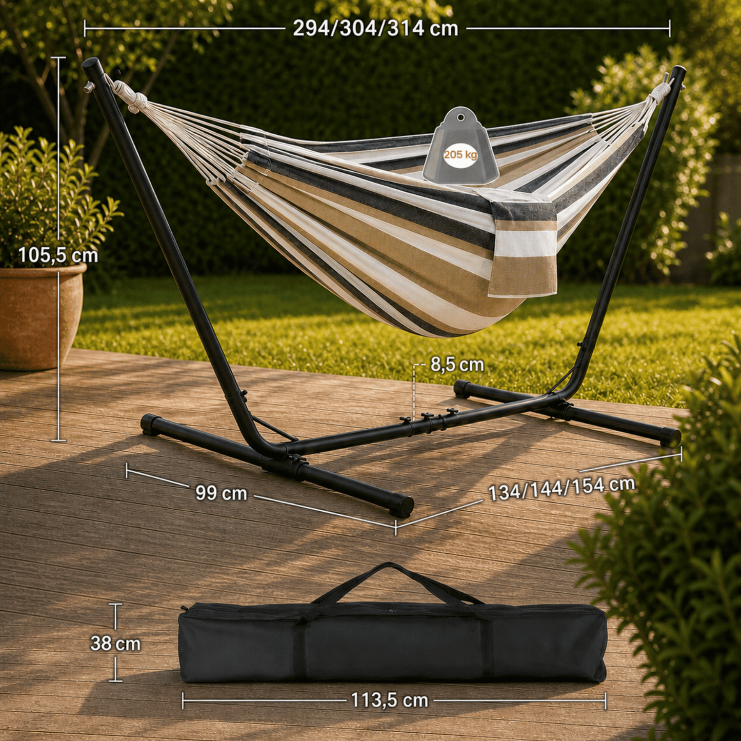 Dimensions du hamac sur pied avec longueur réglable et sac de transport inclus pour un usage nomade