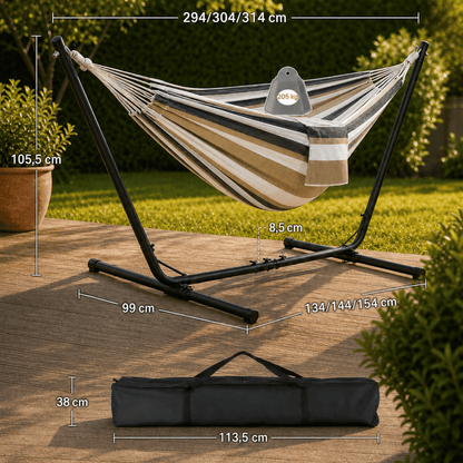 Dimensions du hamac sur pied avec longueur réglable et sac de transport inclus pour un usage nomade
