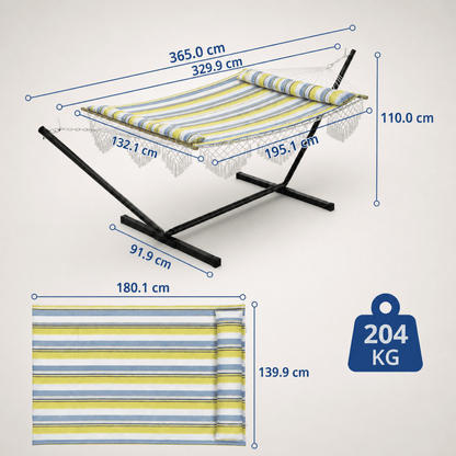 Dimensions d’un hamac sur pied en centimètres avec structure en métal, longueur 365 cm et capacité maximale 204 kg