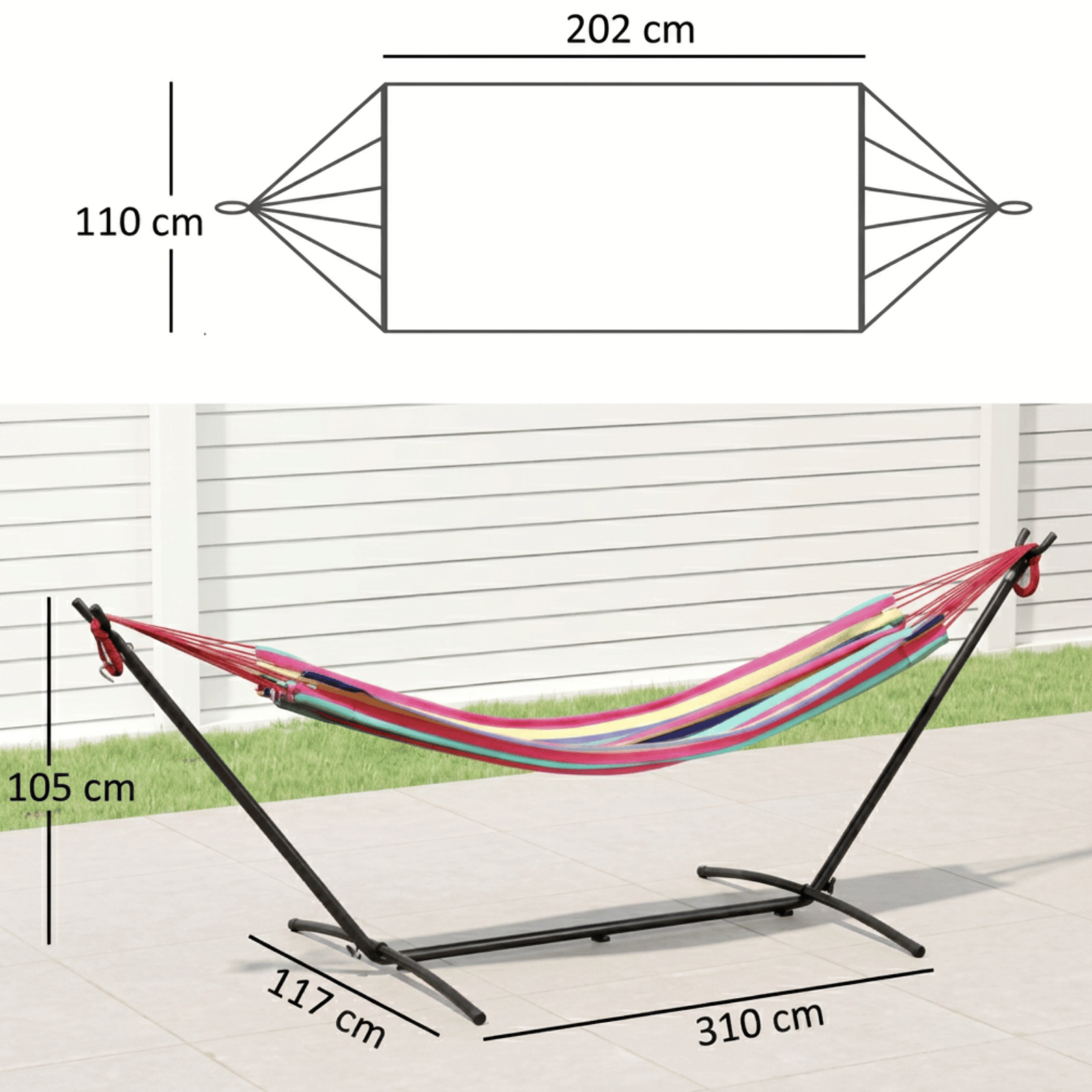 Dimensions d’un hamac sur pied avec support en métal installé dans un jardin, longueur 310 cm et couchage 202 cm
