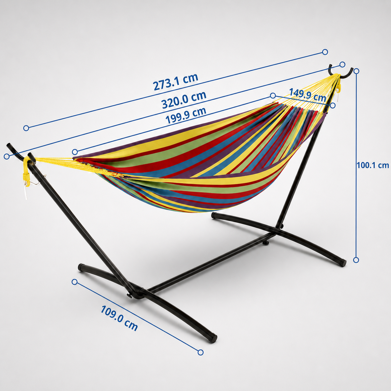 Dimensions d’un hamac sur pied multicolore en centimètres avec structure en métal, longueur 320 cm et hauteur 100 cm