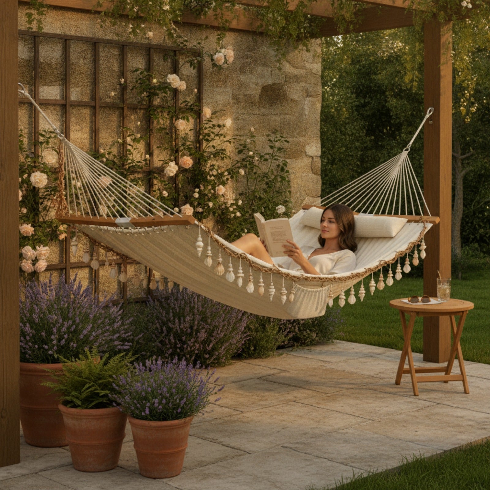 Hamac double bohème SOLEA avec franges sur un balcon ambiance cosy et végétale  
