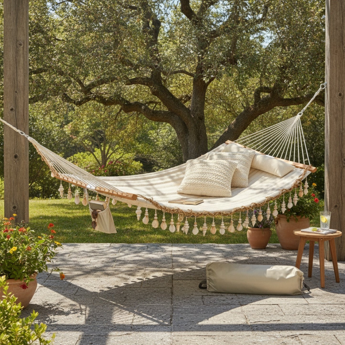 Hamac double bohème SOLEA dans un jardin avec coussins et ambiance détente extérieure  
