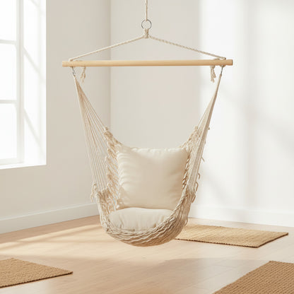 Hamac chaise ADZURA sable suspendu en coton vue complète intérieur bohème
