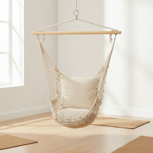 Hamac chaise ADZURA sable suspendu en coton vue complète intérieur bohème