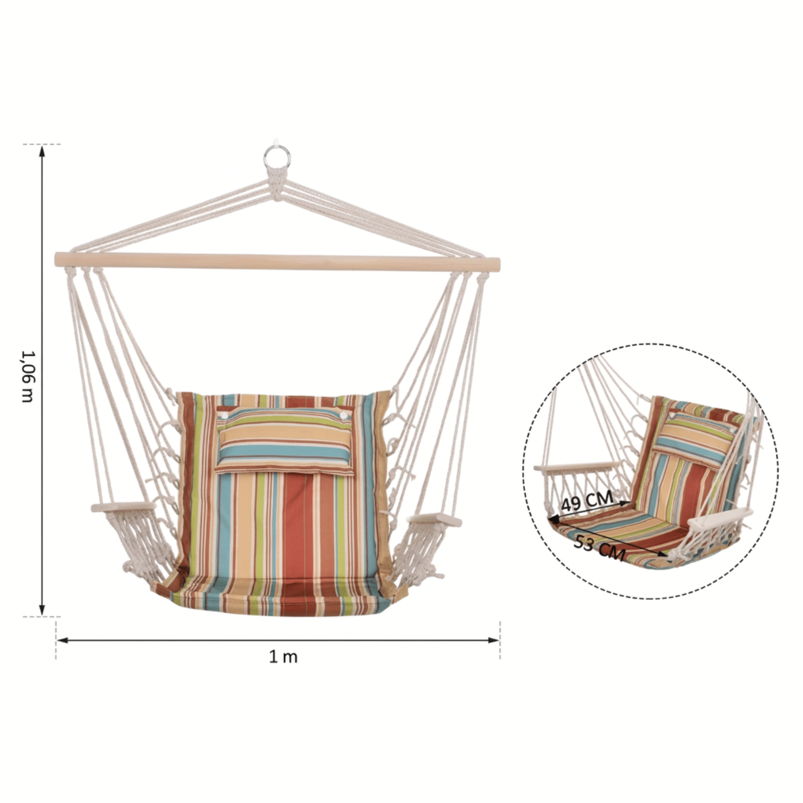 Dimensions du hamac chaise BOHOVA avec largeur 1 mètre, hauteur 106 cm et assise détaillée