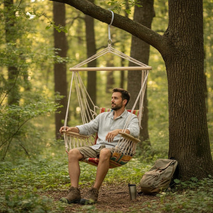Personne assise dans un hamac chaise BOHOVA dans un jardin en pleine nature