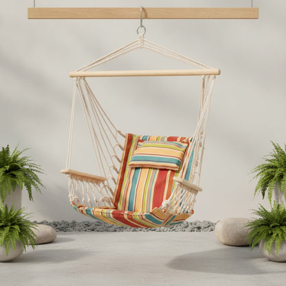 Hamac chaise BOHOVA en macramé multicolore suspendu avec coussin confortable