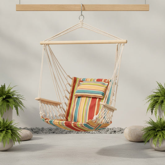 Hamac chaise BOHOVA en macramé multicolore suspendu avec coussin confortable
