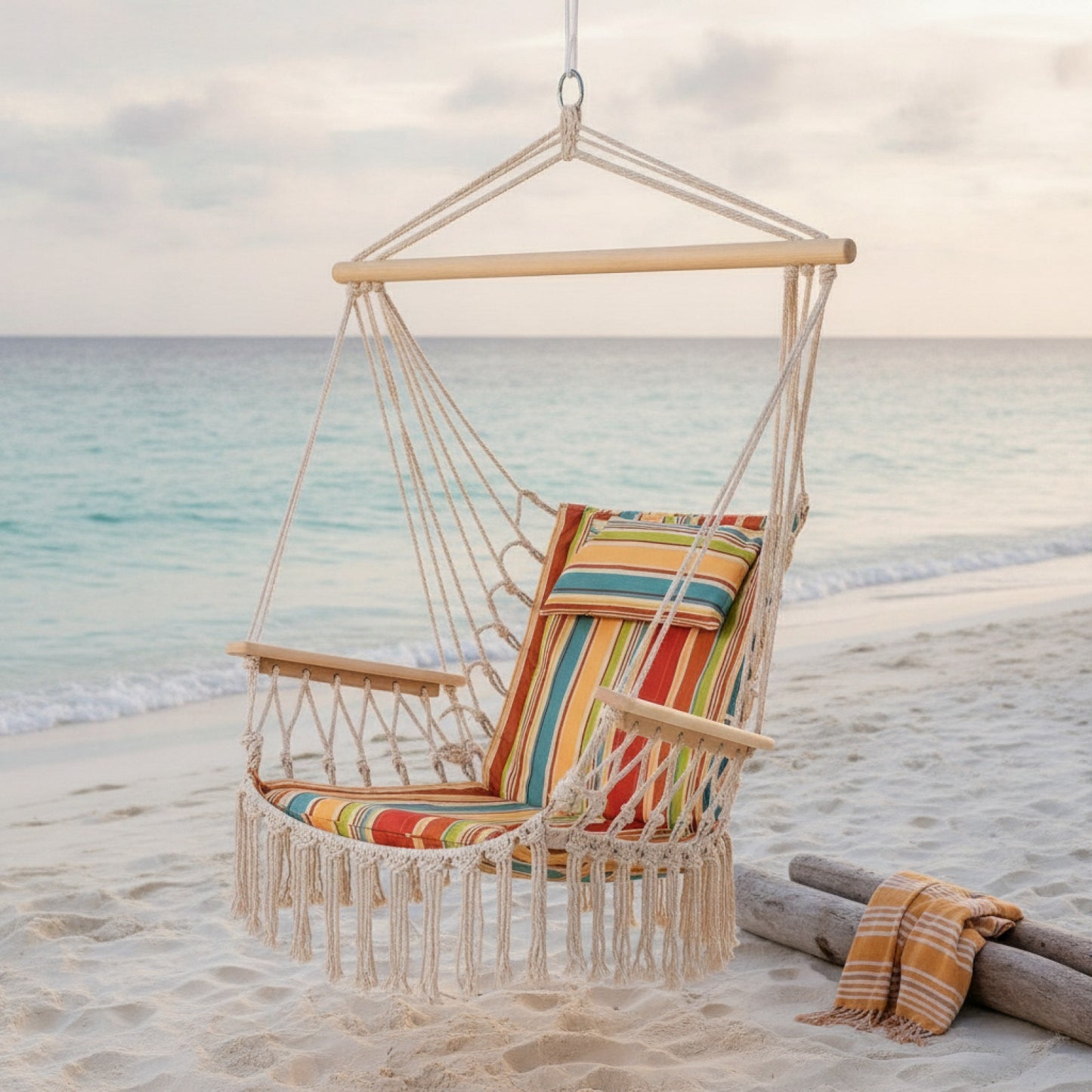 Hamac chaise BOHOVA multicolore suspendu en bord de plage pour se détendre