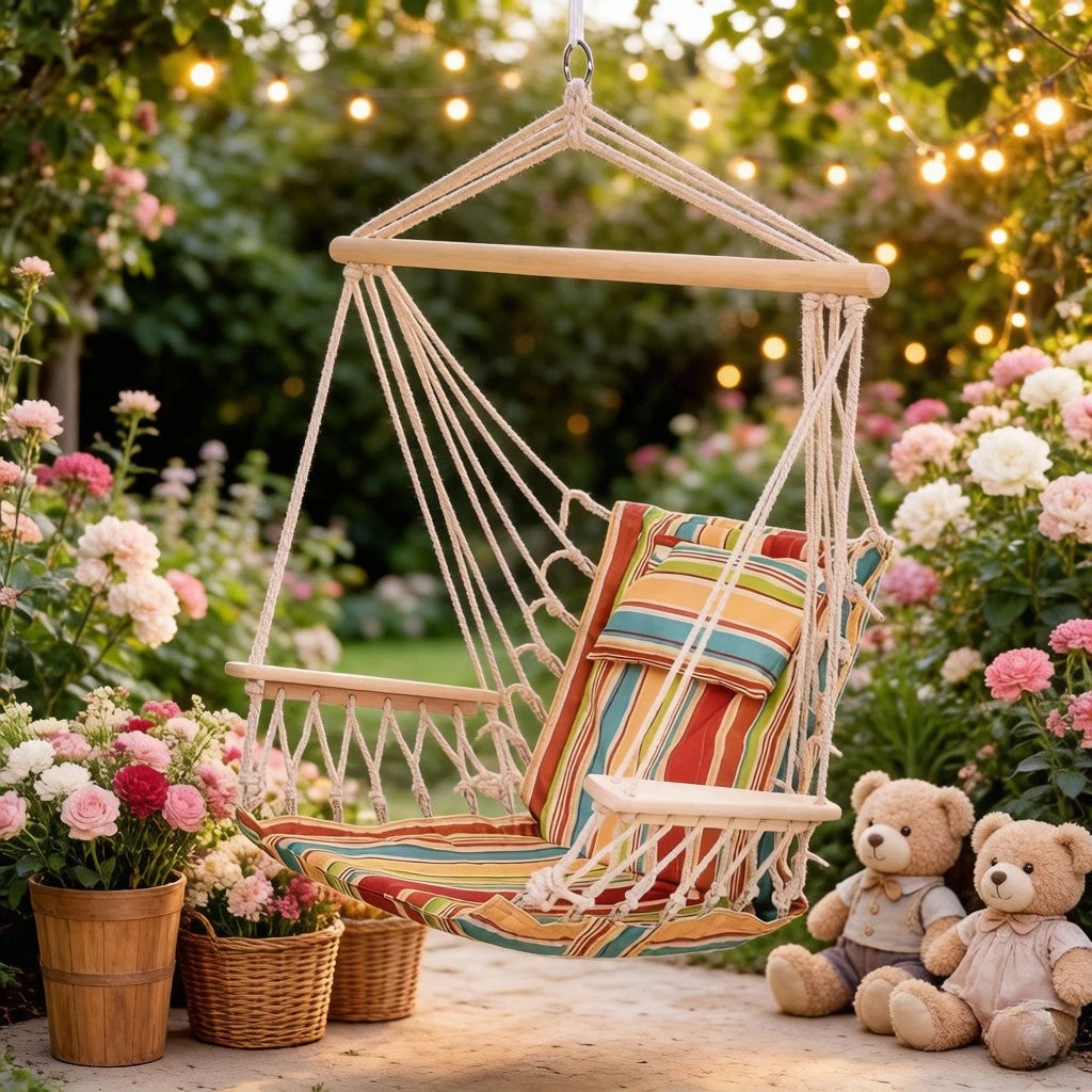 Hamac chaise BOHOVA en macramé sur terrasse avec ambiance bohème et cosy