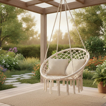 Hamac chaise macramé LUMEA installé en extérieur dans un jardin pour un espace détente naturel