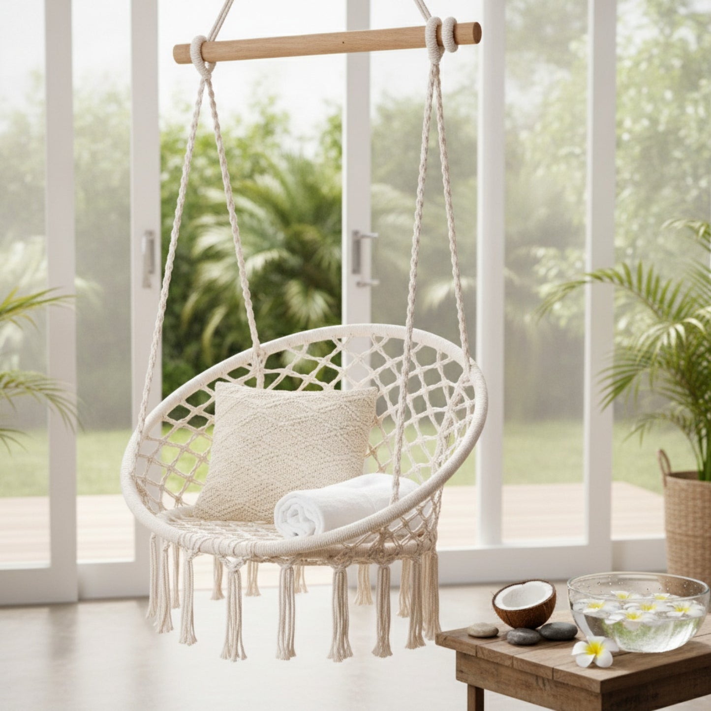 Fauteuil suspendu macramé LUMEA sur une terrasse lumineuse avec ambiance apaisante