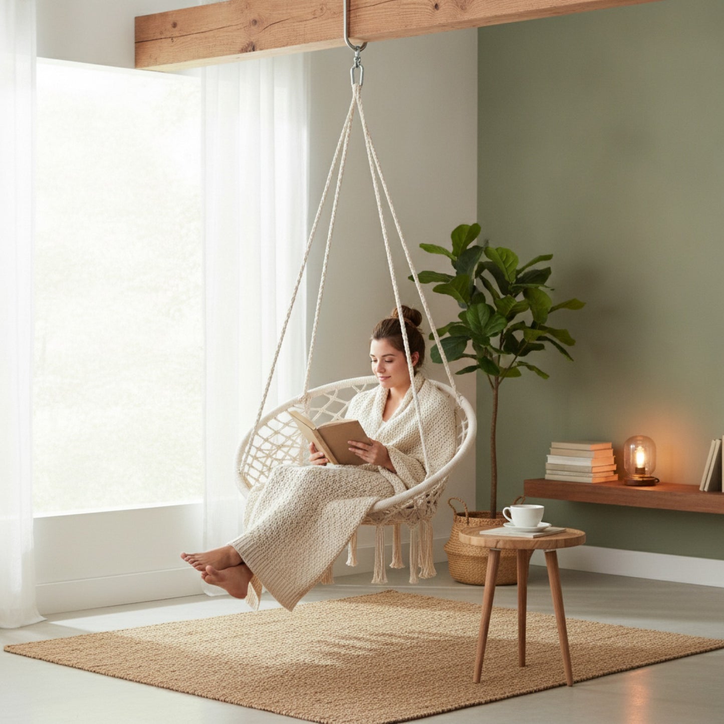 Personne assise dans un hamac chaise LUMEA en macramé profitant d’un moment de relaxation