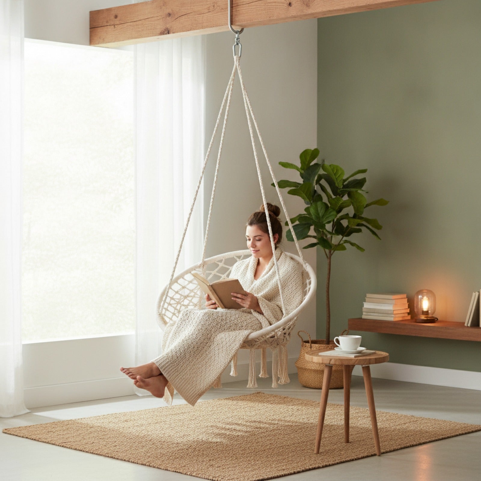 Personne assise dans un hamac chaise LUMEA en macramé profitant d’un moment de relaxation