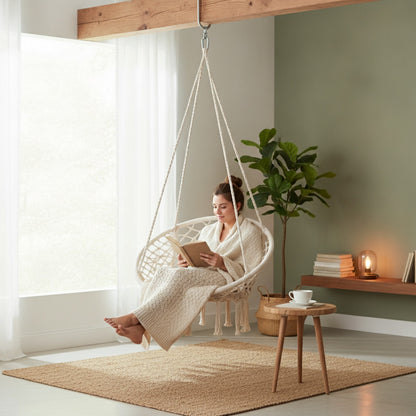 Personne assise dans un hamac chaise LUMEA en macramé profitant d’un moment de relaxation