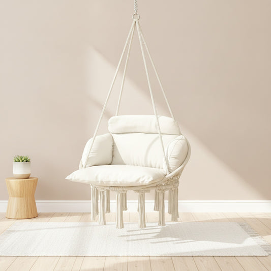 Hamac chaise suspendu NELIA avec coussins épais, fauteuil cocooning beige pour intérieur lumineux