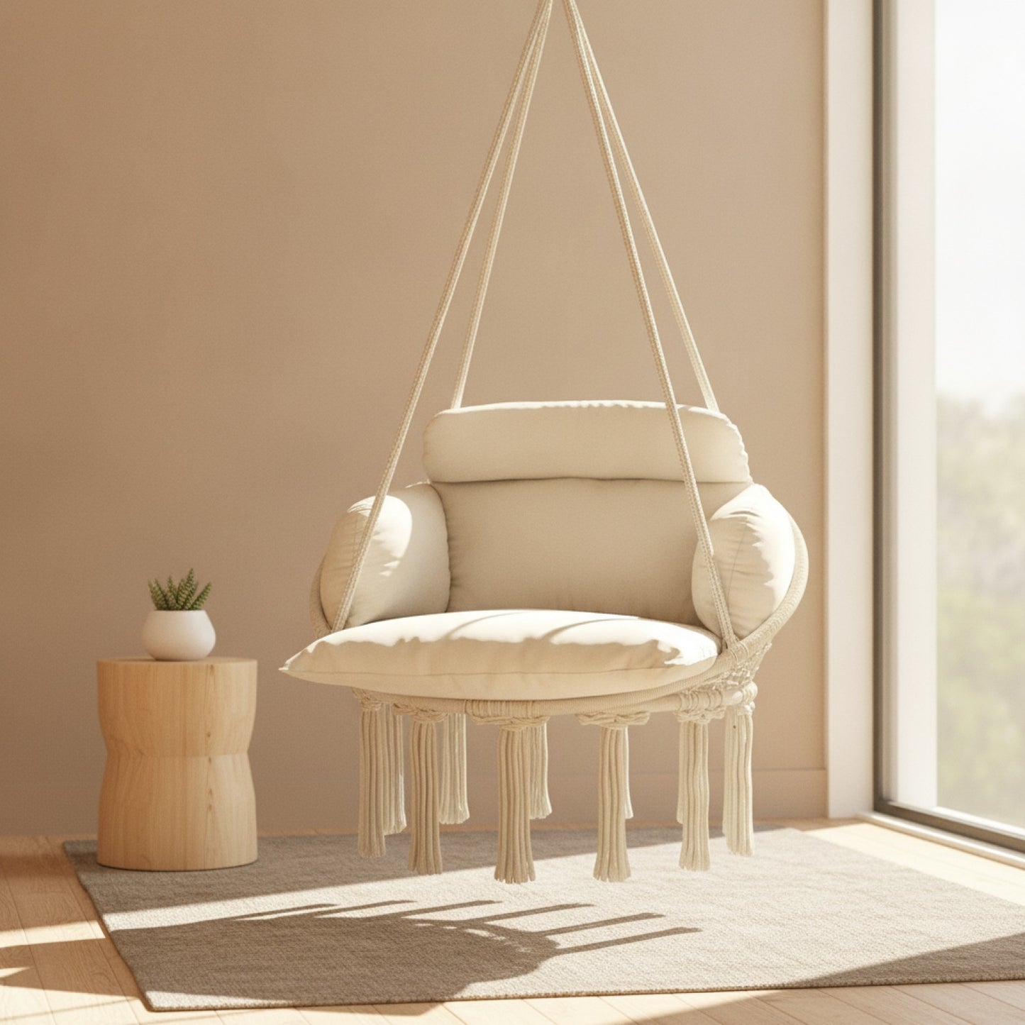 Fauteuil suspendu hamac chaise NELIA installé dans un salon minimaliste avec décoration bois clair