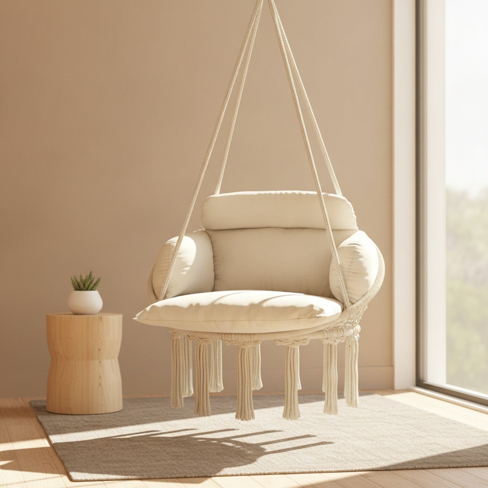 Fauteuil suspendu hamac chaise NELIA installé dans un salon minimaliste avec décoration bois clair