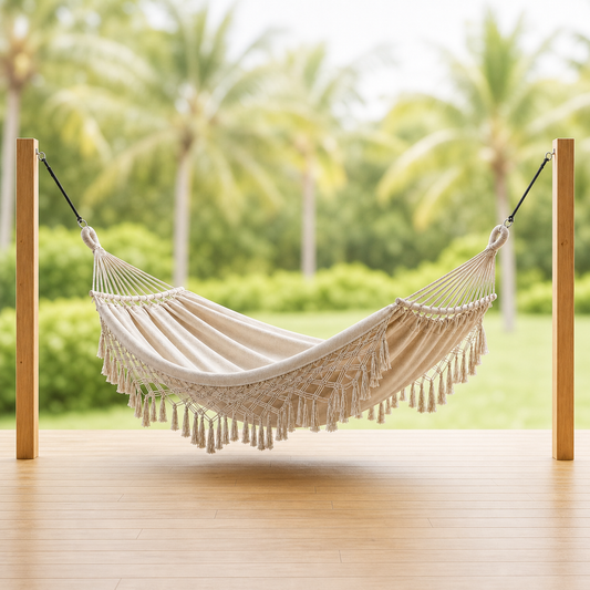 Hamac double beige avec franges en coton suspendu dans un jardin tropical