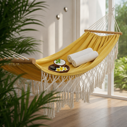 Hamac double bohème jaune avec franges dans un intérieur lumineux