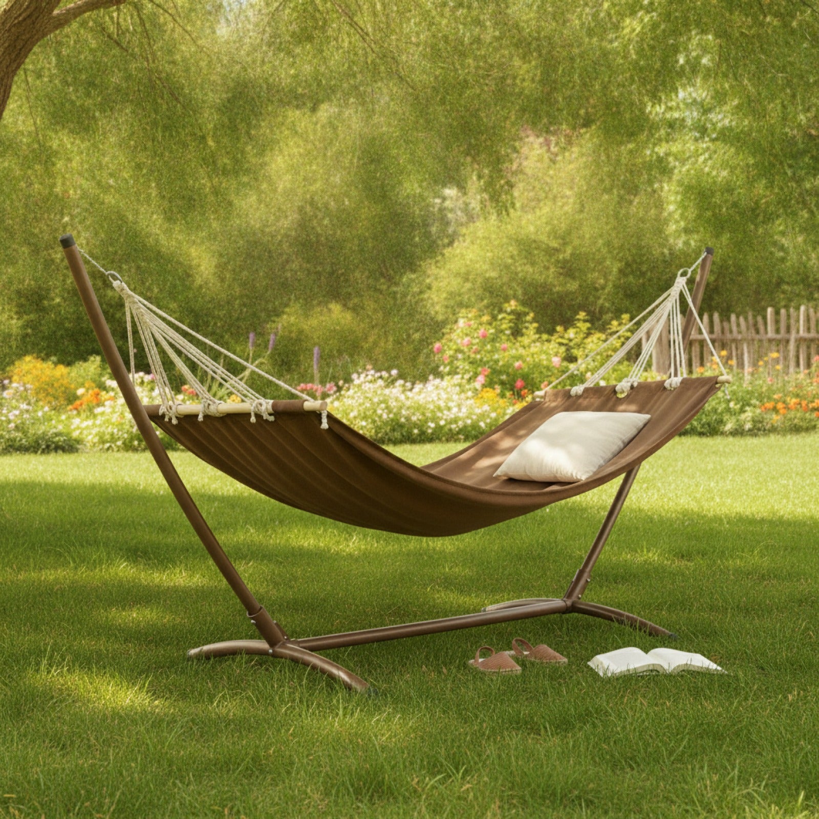 Hamac double avec barre en bois installé dans un jardin verdoyant