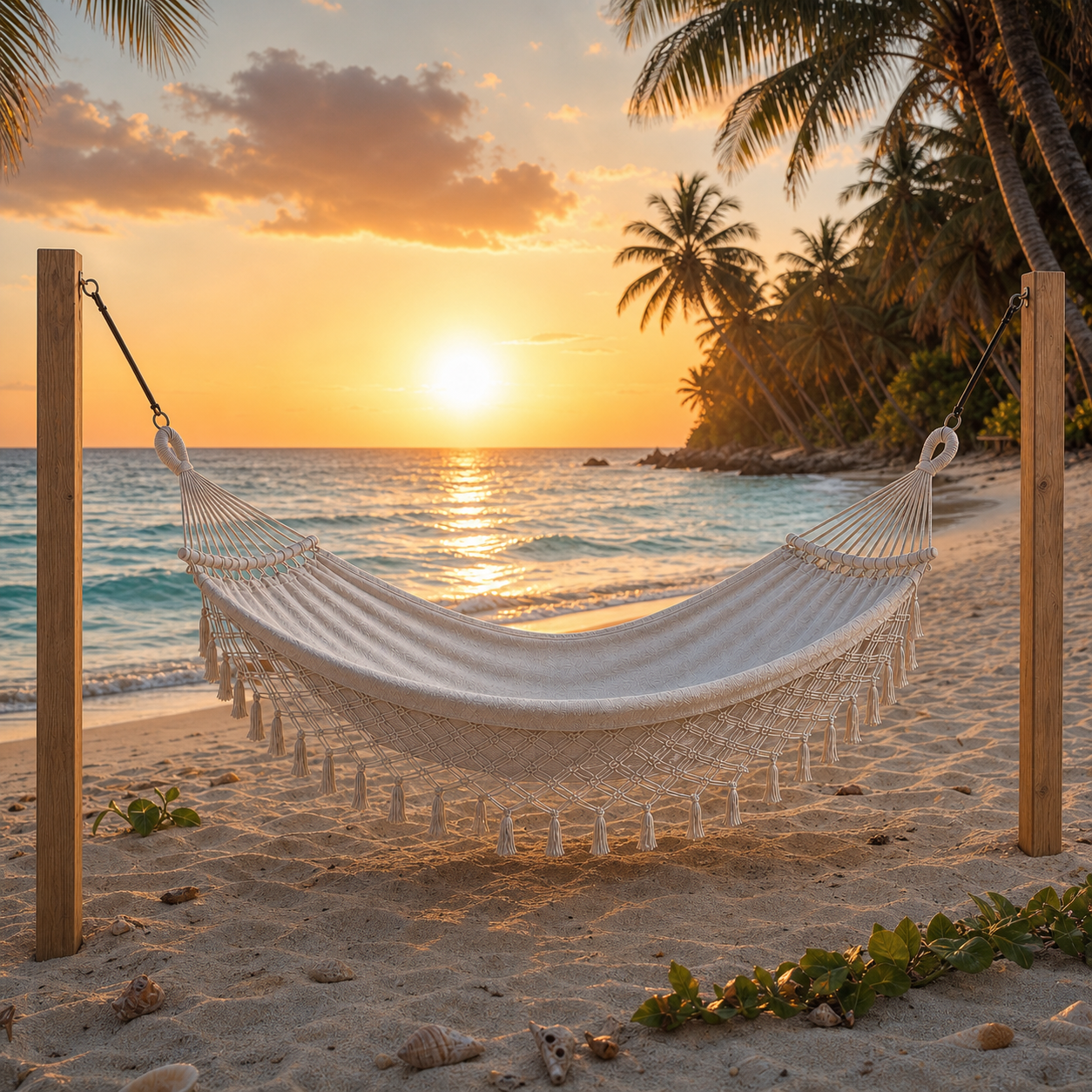Hamac double installé sur la plage au coucher du soleil ambiance détente