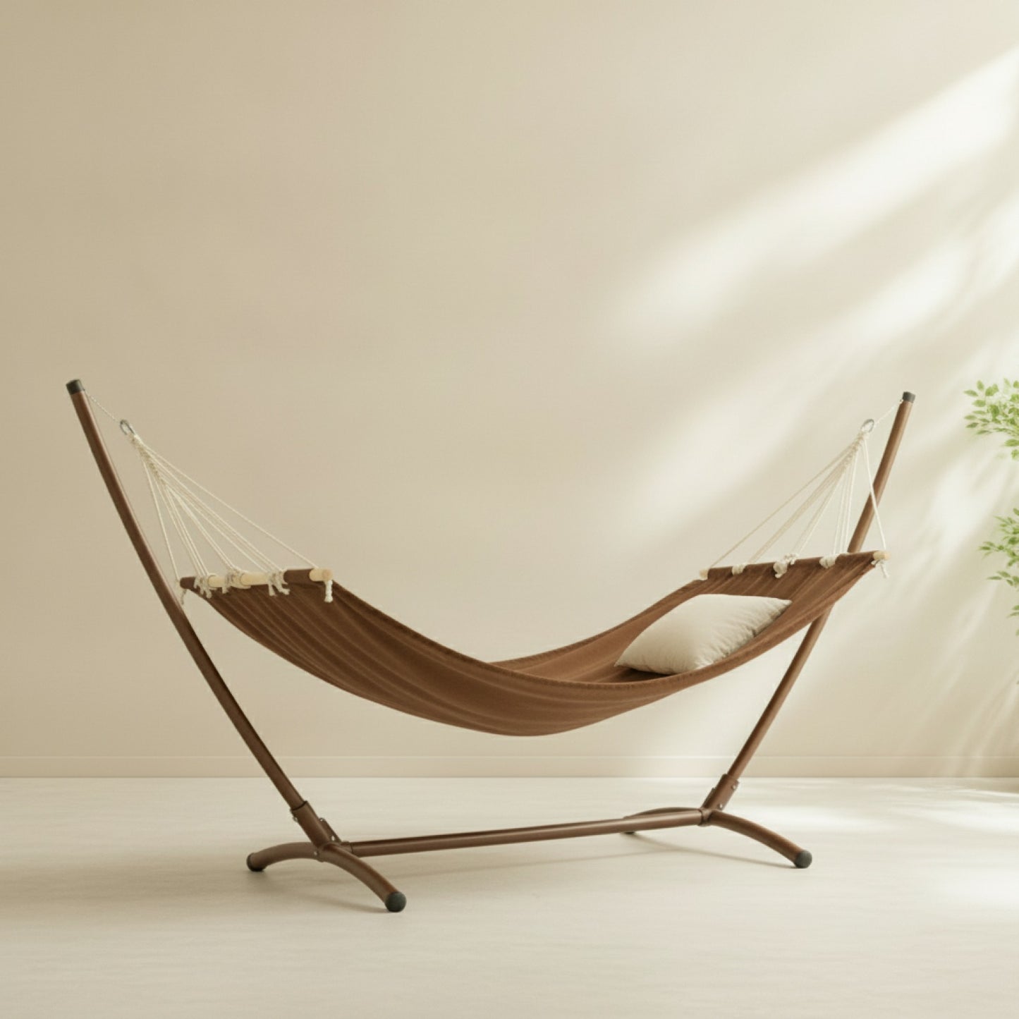 Hamac double sur pied avec barre en bois dans un intérieur lumineux au style épuré
