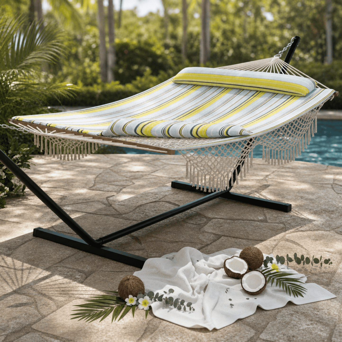 Hamac confortable en extérieur avec coussins et serviettes idéal pour se détendre au jardin