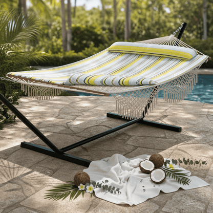 Hamac confortable en extérieur avec coussins et serviettes idéal pour se détendre au jardin