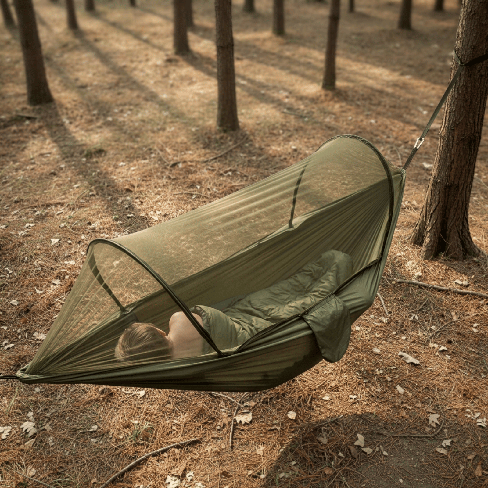 Hamac moustiquaire posé au sol montrant sa structure pour le camping