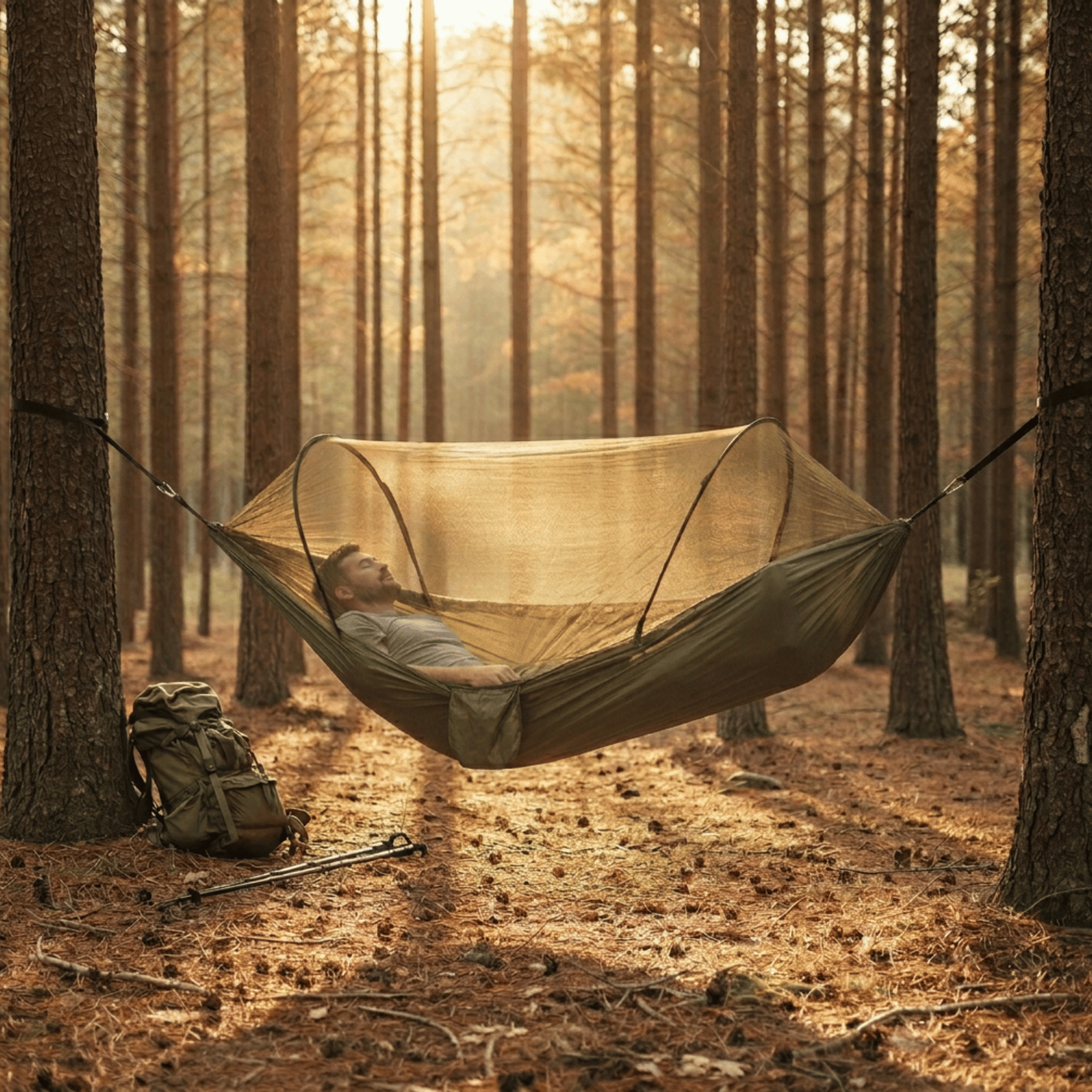 Hamac moustiquaire installé en forêt offrant un espace de repos confortable
