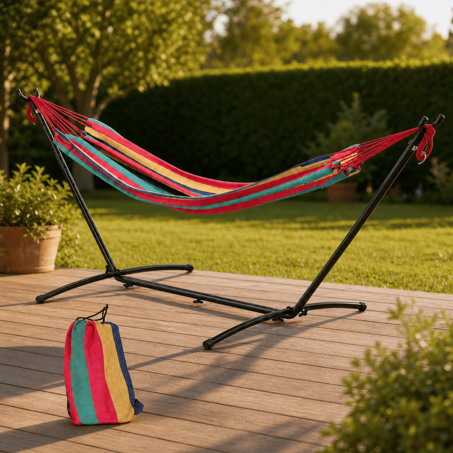 Hamac multicolore SOLARA avec structure stable et sac de transport posé à côté en extérieur