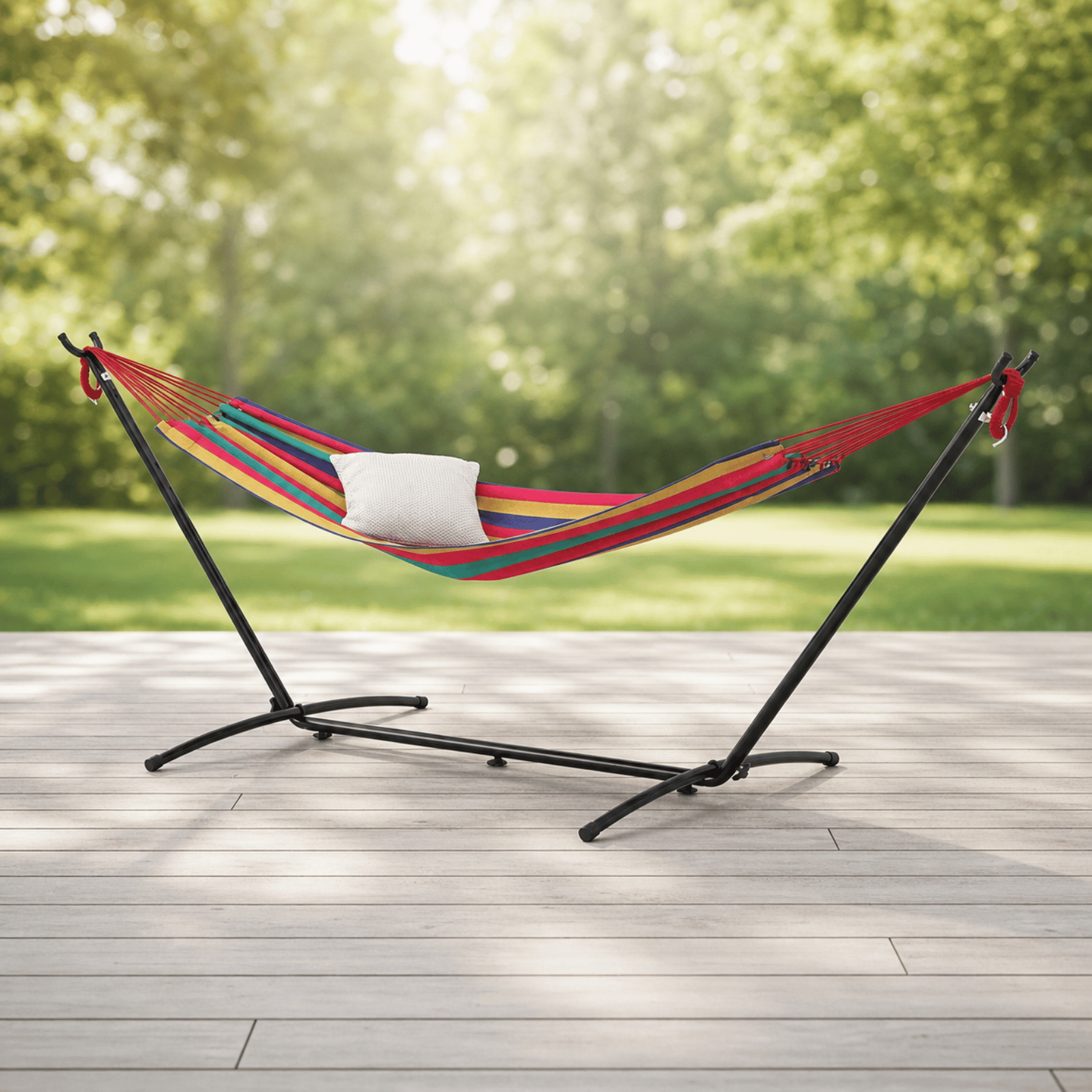 Hamac sur pied SOLARA avec support en métal noir installé sur une terrasse en bois