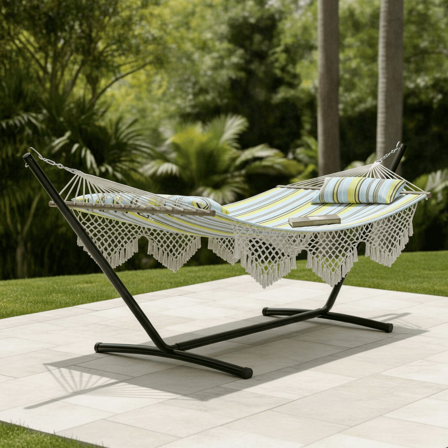 Hamac sur pied avec structure en métal noir design pour terrasse ou jardin