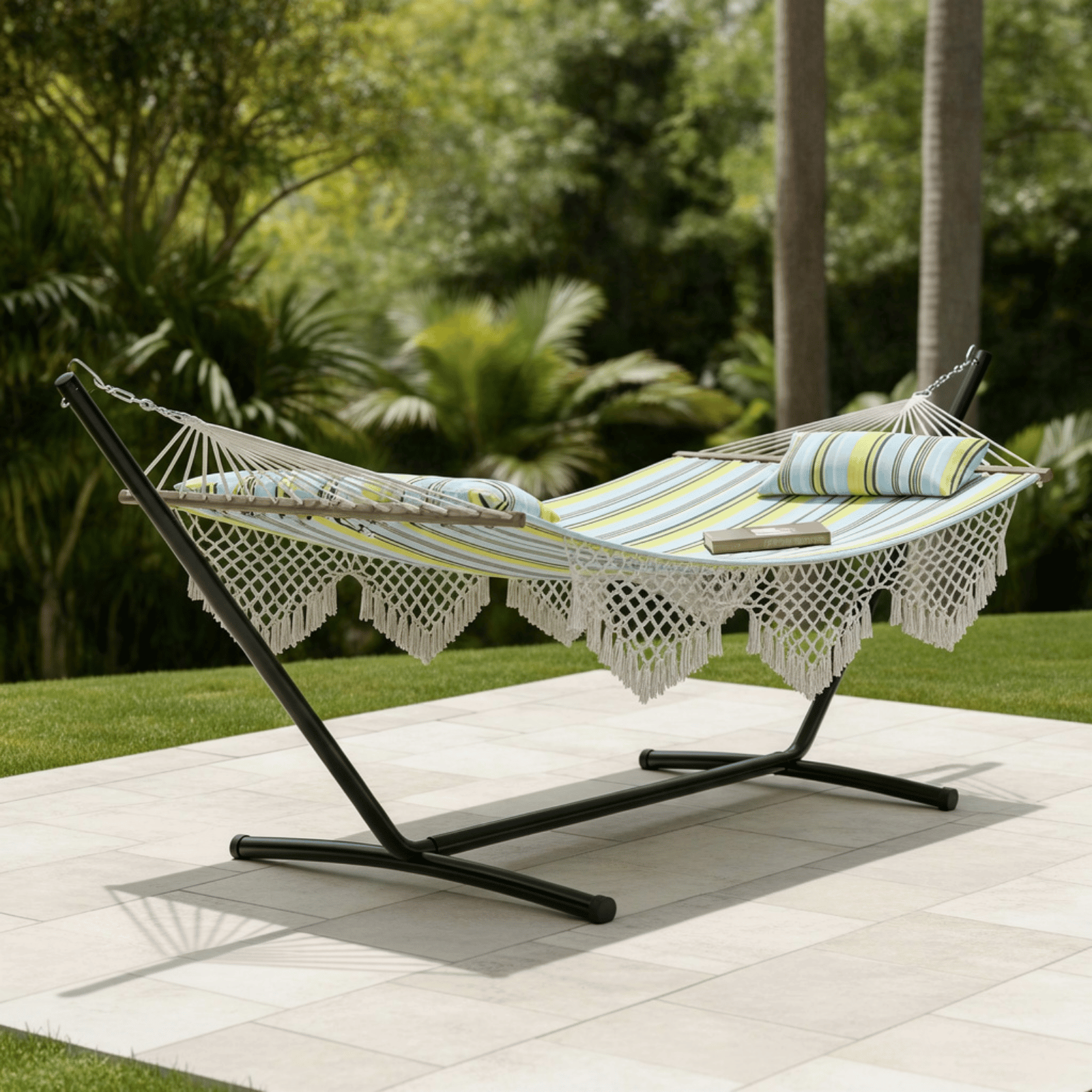 Hamac sur pied avec structure en métal noir design pour terrasse ou jardin