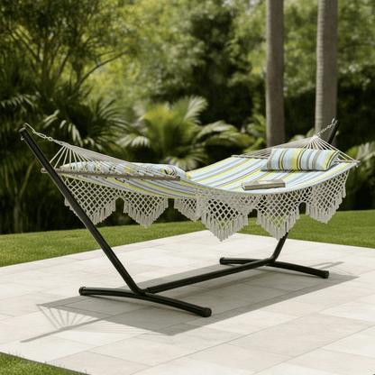 Hamac sur pied avec structure en métal noir design pour terrasse ou jardin