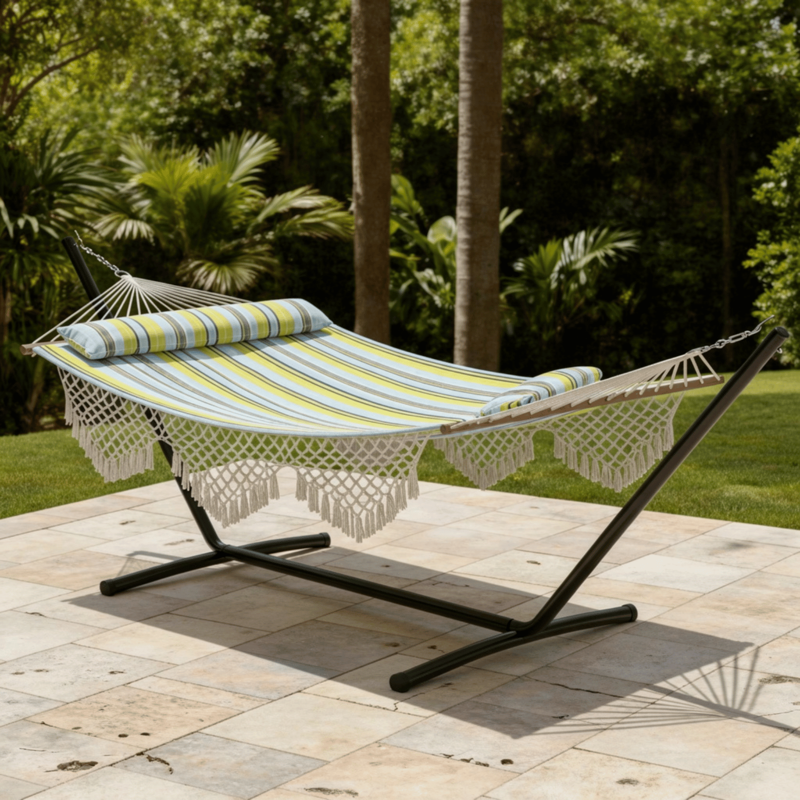Hamac sur pied rayé pour jardin extérieur avec support métallique stable et toile confortable