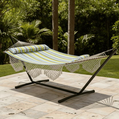Hamac sur pied rayé pour jardin extérieur avec support métallique stable et toile confortable