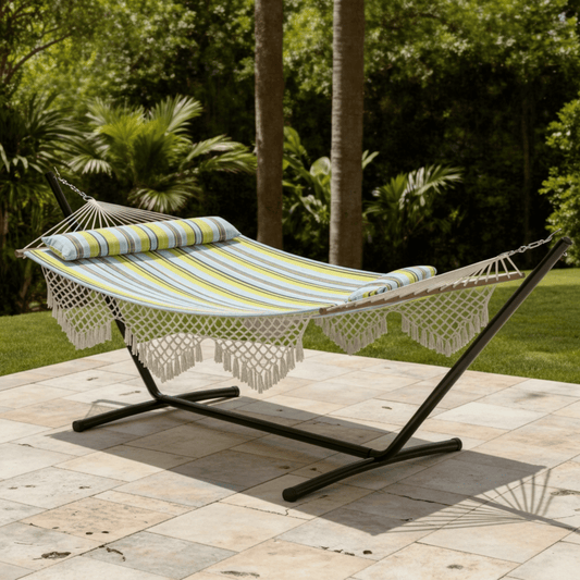 Hamac sur pied rayé pour jardin extérieur avec support métallique stable et toile confortable